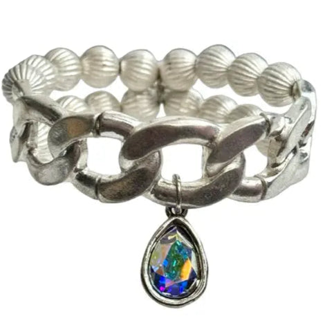 Bracelet, AB Fluted Bead and Chain Link Bracelet Set