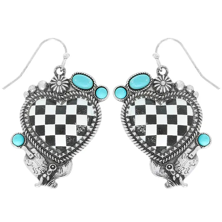 Earrings, Western Turquoise Checkered Heart Earrings