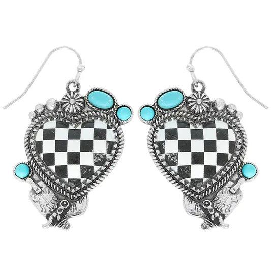 Earrings, Western Turquoise Checkered Heart Earrings