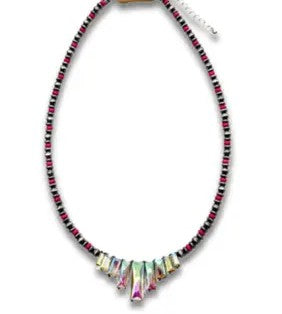 Necklace, AB Rhinestone Rectangle Burnished Bead & Turq Necklace