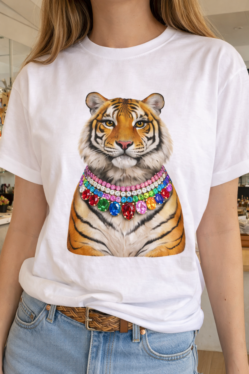 Jeweled Collar Tiger on White Crew DS