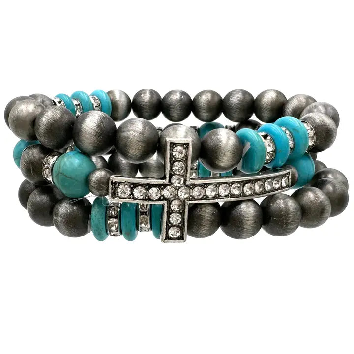 Bracelet, Rhinestone Cross Navajo Beads 3 Pc. Bracelet