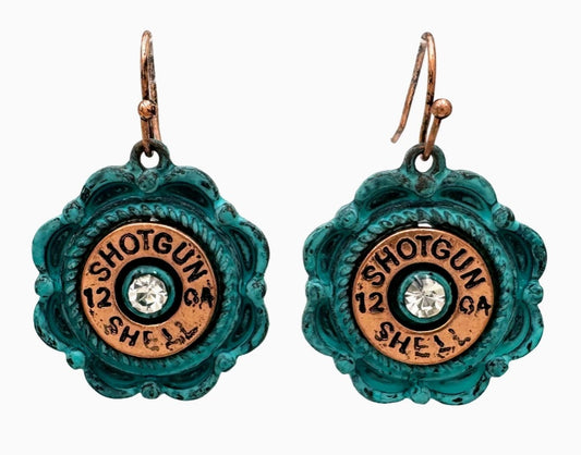 Earrings, Shotgun Shell Flower Dangle Earrings (Patina)