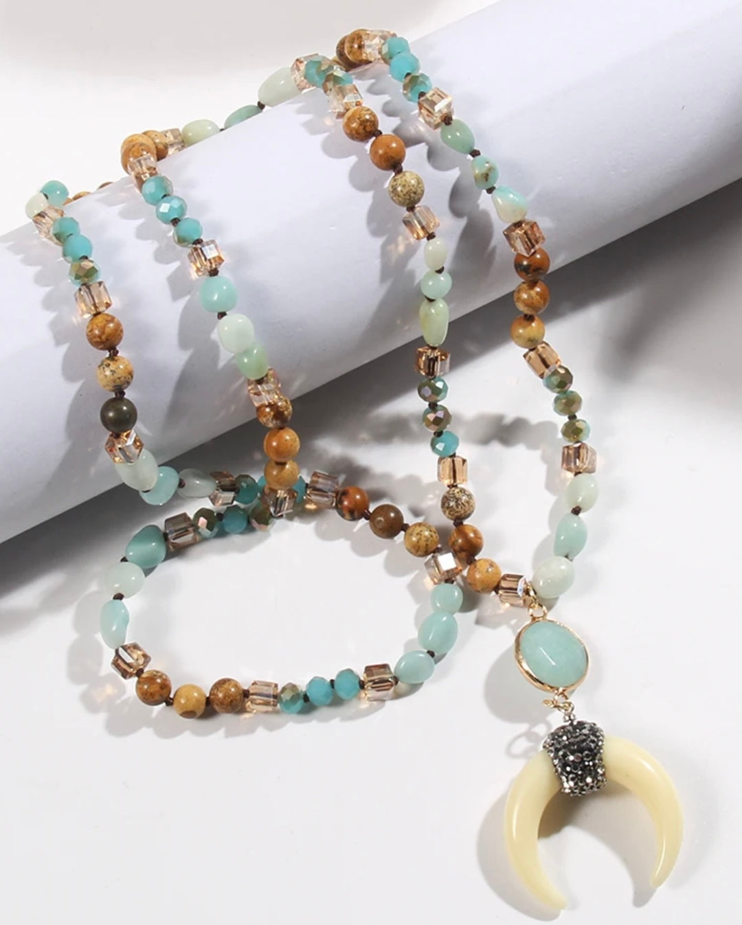 Necklace & Earring Set, Natural Stone & Glass Knotted Moon/Ox Horn Necklace and Earring set