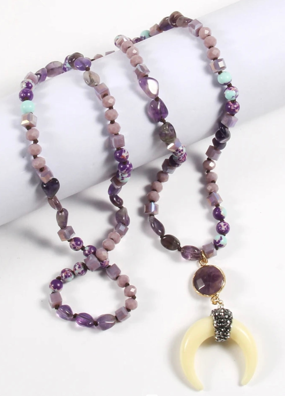 Necklace & Earring Set, Natural Stone & Glass Knotted Moon/Ox Horn Necklace and Earring set