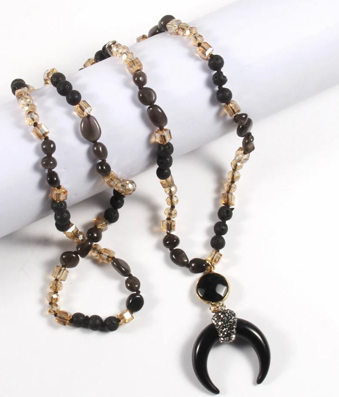 Necklace & Earring Set, Natural Stone & Glass Knotted Moon/Ox Horn Necklace and Earring set