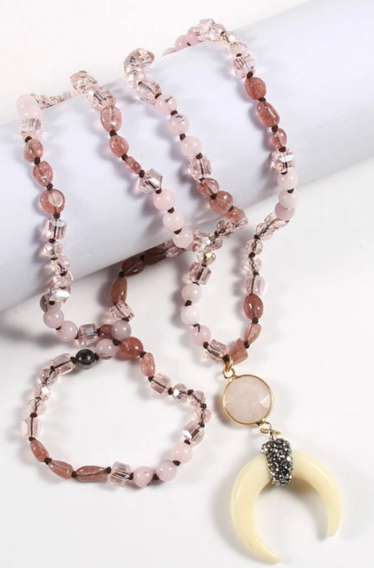 Necklace & Earring Set, Natural Stone & Glass Knotted Moon/Ox Horn Necklace and Earring set