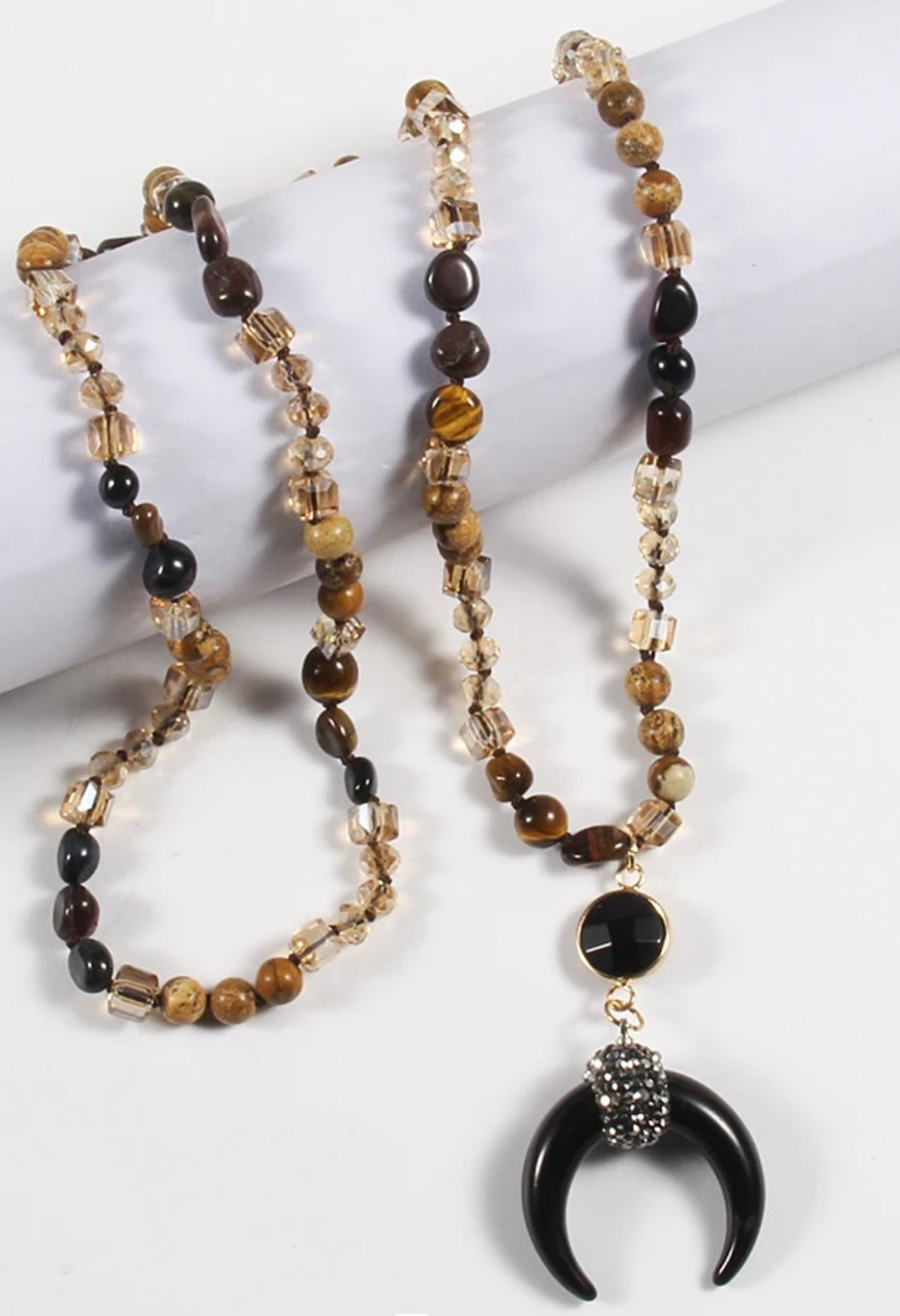 Necklace & Earring Set, Natural Stone & Glass Knotted Moon/Ox Horn Necklace and Earring set