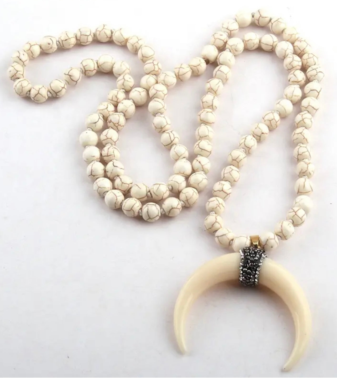Necklace & Earring Set, Natural Stone & Glass Knotted Moon/Ox Horn Necklace and Earring set