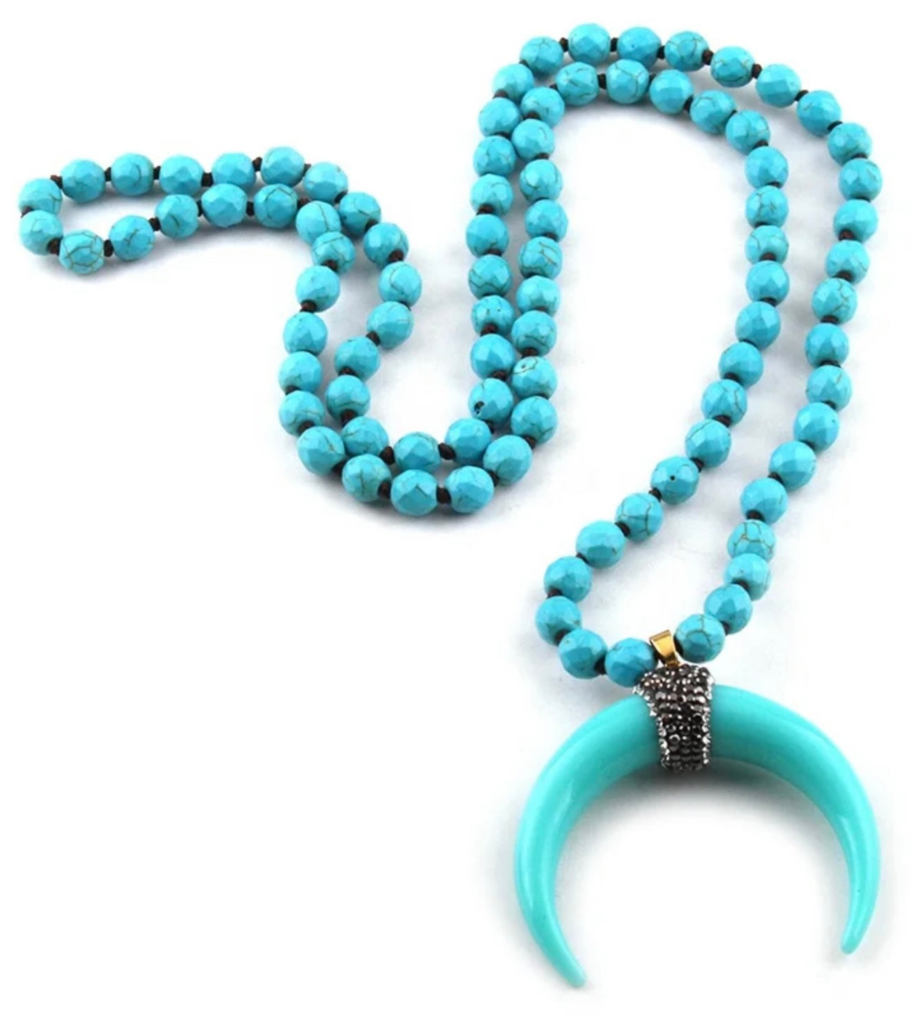 Necklace & Earring Set, Natural Stone & Glass Knotted Moon/Ox Horn Necklace and Earring set