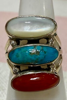 Ring,Triple Stone - Triple with Kingman Turquoise, Mother of Pearl & Coral .925 Sterling Silver