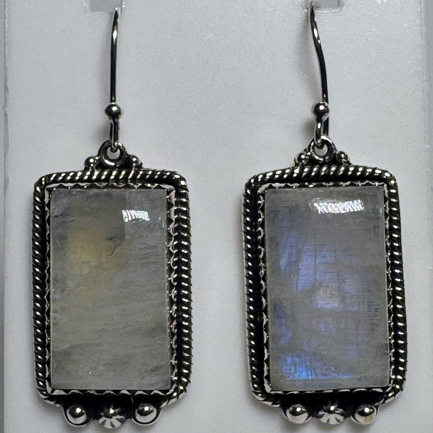 Earrings, Rectangle in Rainbow Moonstone .925 Sterling Silver