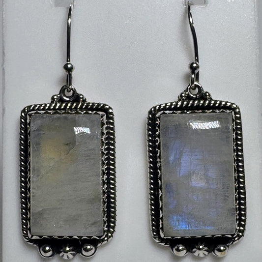 Earrings, Rectangle in Rainbow Moonstone .925 Sterling Silver