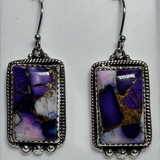 Earrings, Rectangle in Blue Purple Copper Turquoise .925 Sterling Silver