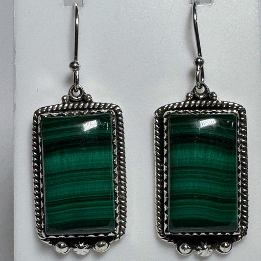 Earrings, Rectangle in Malachite .925 Sterling Silver