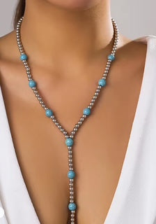Necklace, Bohemia Blue Stone Silver beaded long choker Necklace