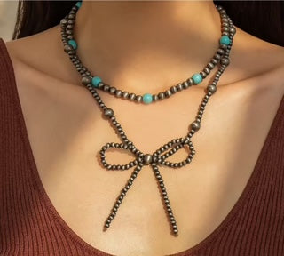 Necklace, Bow 2 pc. Navajo Style beads with Turquoise Bead