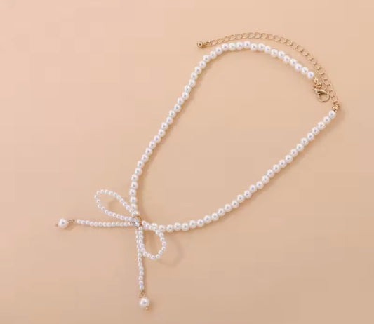 Necklace, Bow Pearl Zircon Choker Necklace Bowknot Tassel
