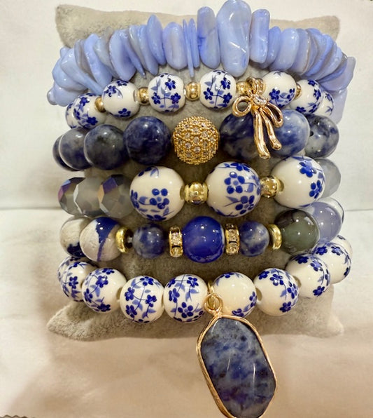 Bracelet, Blue Flower Bow Sodalite Stacks Bracelet