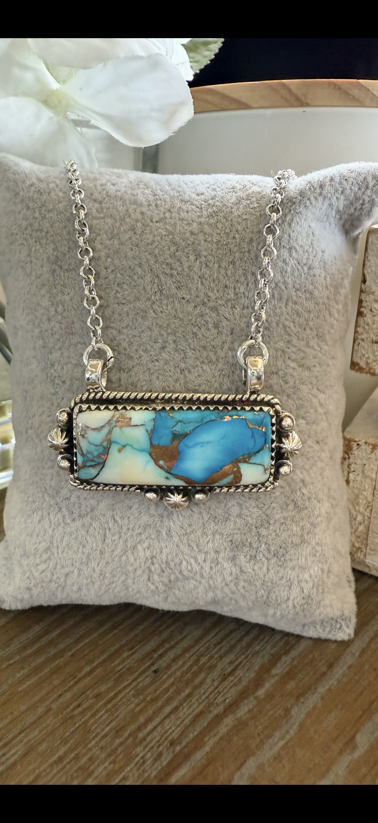 Necklace, Rectangle in Kingman Ice Dahlia .925 Sterling Silver