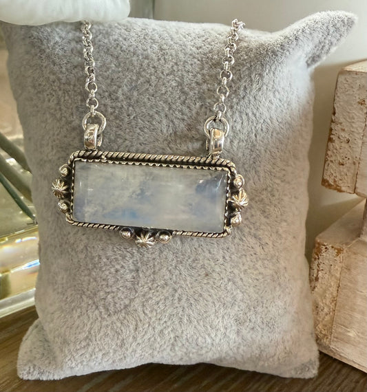 Necklace, Rectangle in Rainbow Moonstone .925 Sterling Silver