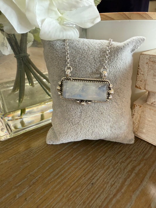 Necklace, Rectangle in Rainbow Moonstone .925 Sterling Silver