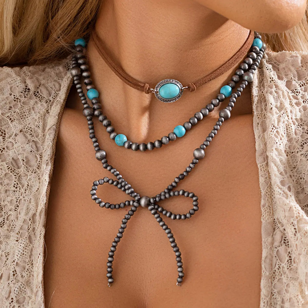 Necklace, Navajo Bead Bow Triple Necklace Fashion Wear