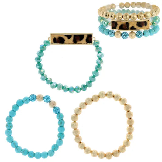 Bracelet, 3-Piece Leopard Turquoise Assorted Bohemian Beaded Bracelet