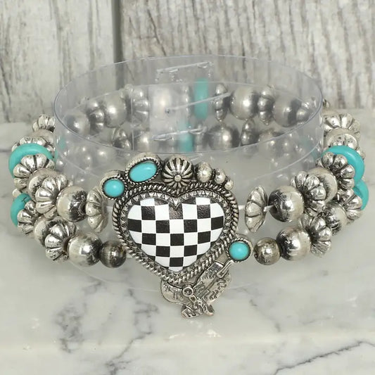 Bracelet, Western Dual Strand Ckd Heart Squash Blossom Bracelet