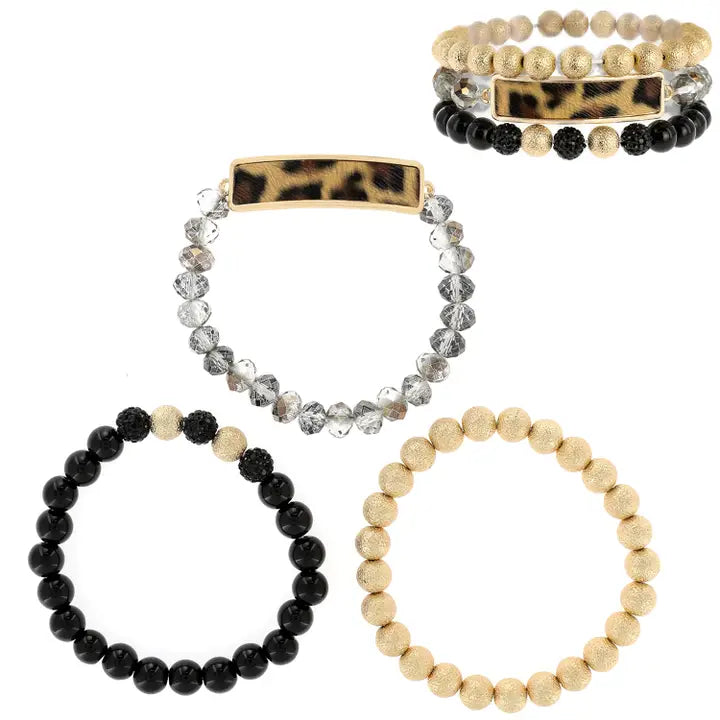 Bracelet, 3-Piece Leopard Black Assorted Bohemian Beaded Bracelet