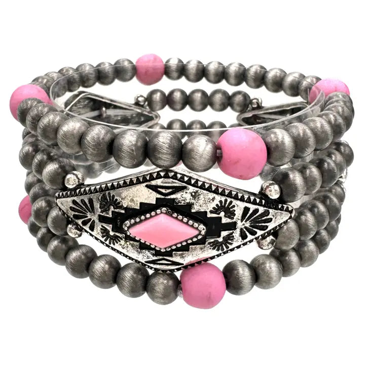 Bracelet, Pink Three Piece Navajo Style Bead Stretch Bracelet