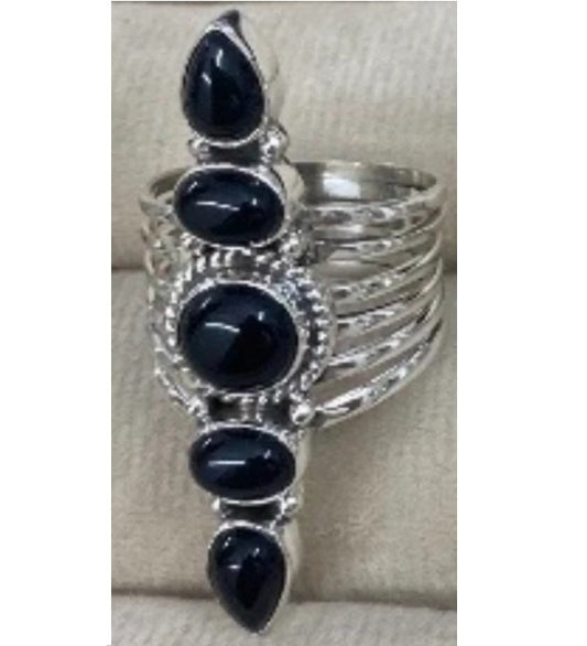 Ring, 5 Natural Stone Stack Statement .925 SS Ring (Black Onyx)