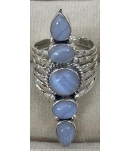 Ring, 5 Natural Stone Stack Statement .925 SS Ring (Blue Crazy Lace Agate)