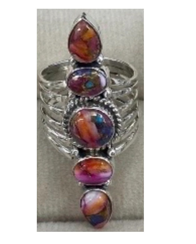 Ring, 5 Natural Stone Stack Statement .925 SS Ring (Pink Dahlia)