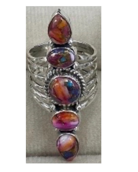 Ring, 5 Natural Stone Stack Statement .925 SS Ring (Pink Dahlia)