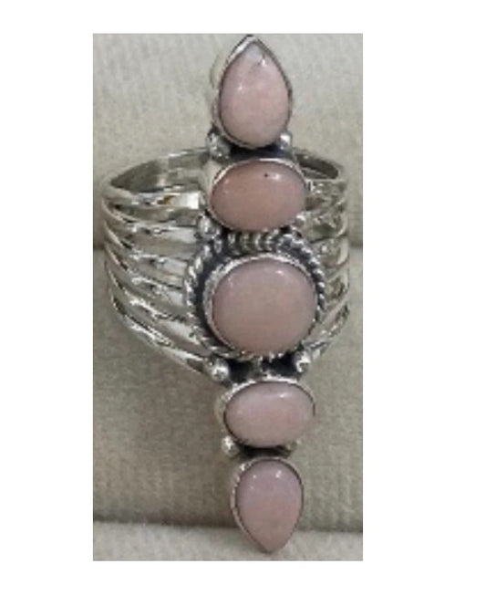 Ring, 5 Natural Stone Stack Statement .925 SS Ring (Pink Opal)
