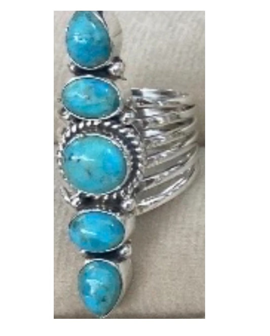 Ring, 5 Natural Stone Stack Statement .925 SS Ring (Kingman Turquoise)