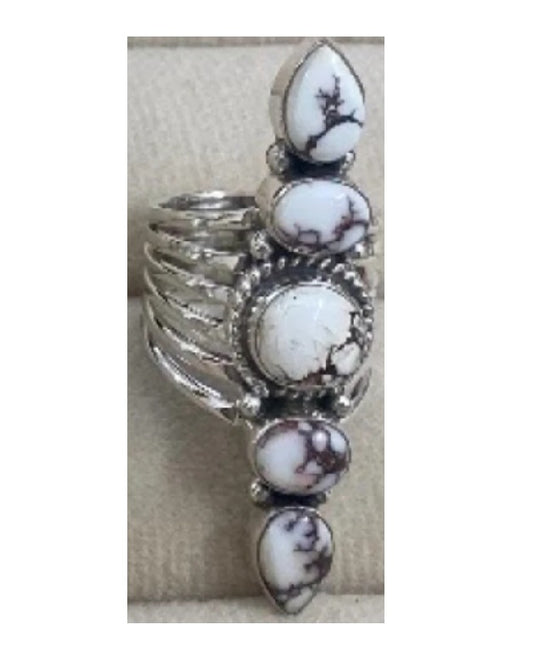 Ring, 5 Natural Stone Stack Statement .925 SS Ring (Wild Horse Jasper)