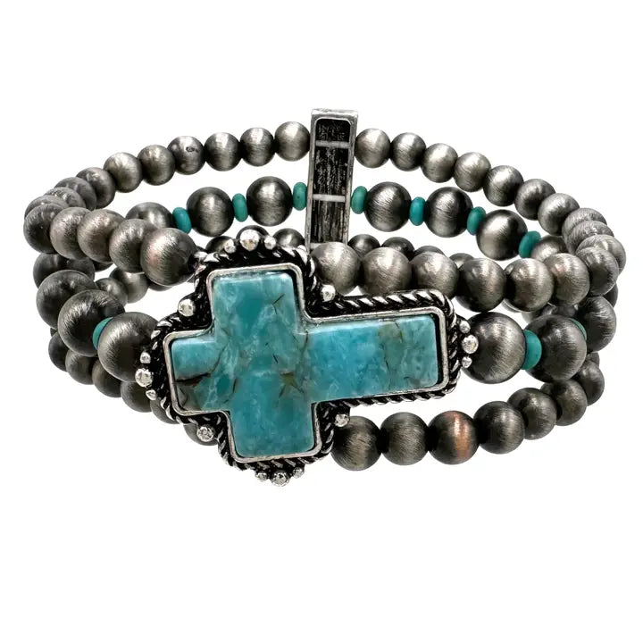 Bracelet, Turquoise Cross Navajo Layered Bead Stretch Bracelet