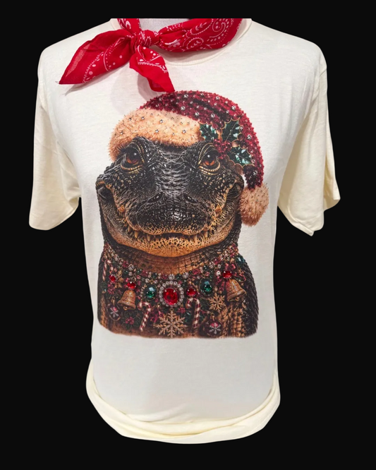 Christmas Alligator on Cropped White Tank and Crew DS