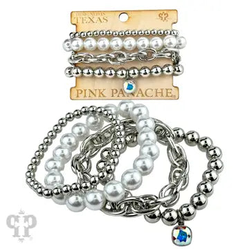 Bracelet, AB Pearl Bead and Shiny Metal Bracelet Stack