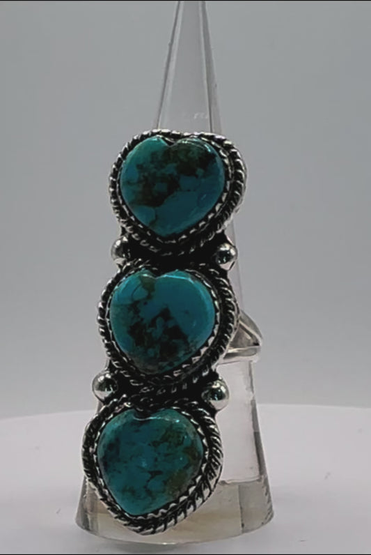 Ring, Heart - Triple Turquoise & .925 Sterling Silver