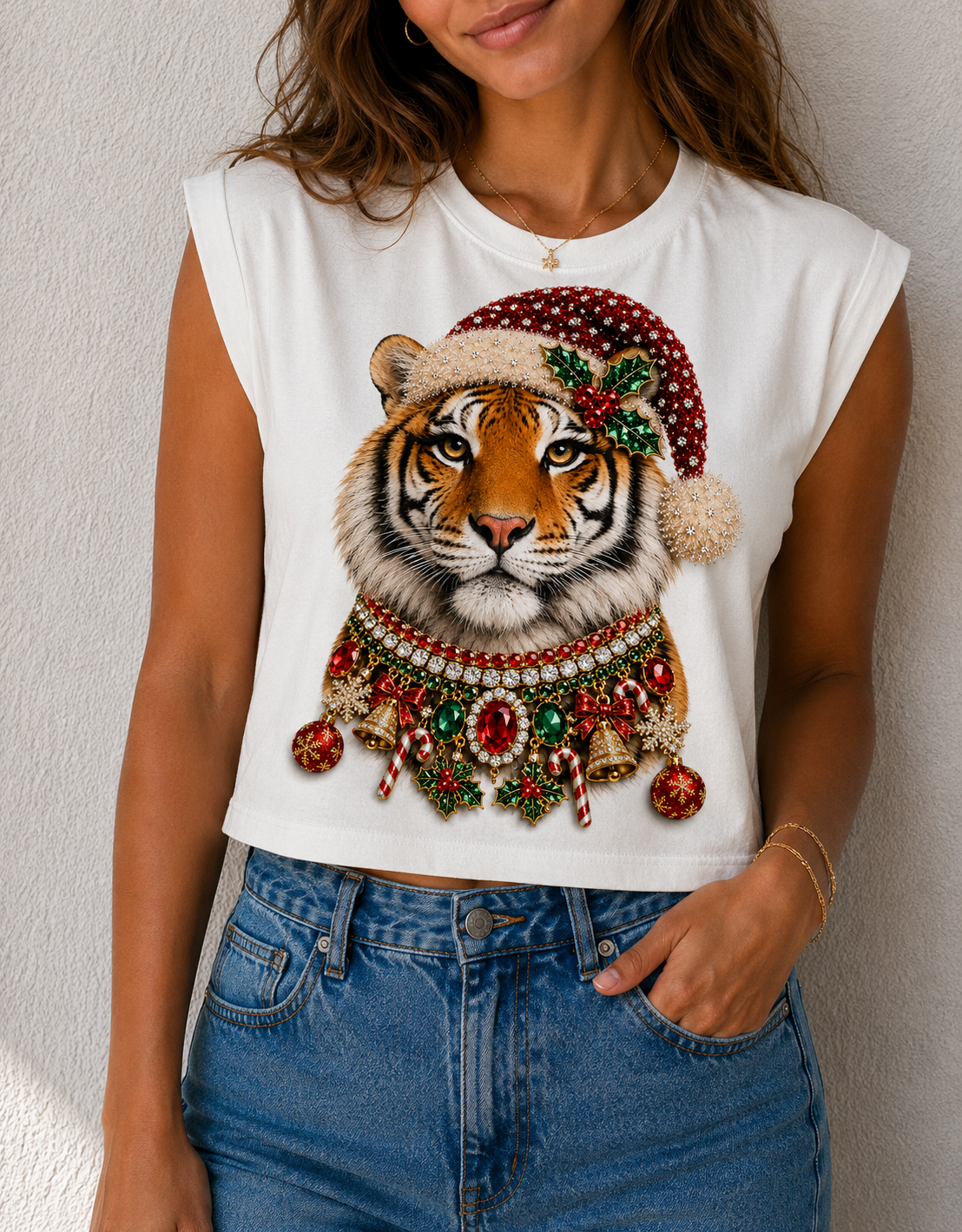 Christmas Hat Tiger on Cropped Tank DS