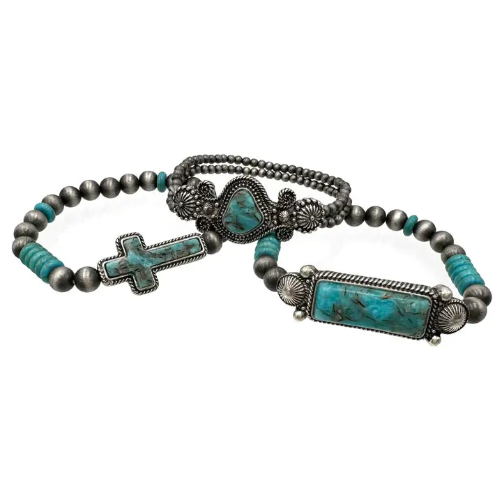 Bracelet, Western Turquoise Stone and Cross Three Piece Navajo Beads Stretch Bracelet