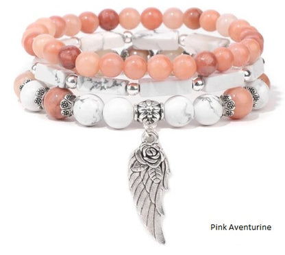 Bracelet, Angel Wing Charm Bracelet (Amethyst; Sodalite; Rose Quartz; Pink Aventurine, Pink Zebra)