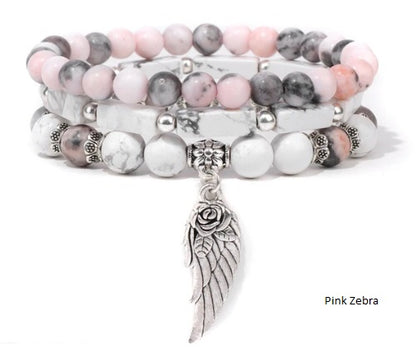 Bracelet, Angel Wing Charm Bracelet (Amethyst; Sodalite; Rose Quartz; Pink Aventurine, Pink Zebra)