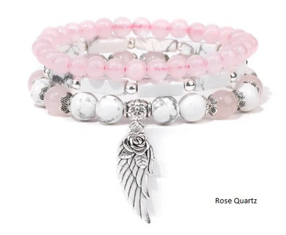 Bracelet, Angel Wing Charm Bracelet (Amethyst; Sodalite; Rose Quartz; Pink Aventurine, Pink Zebra)