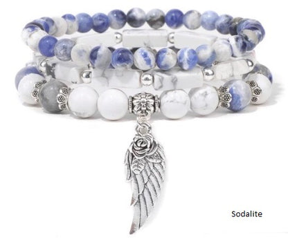 Bracelet, Angel Wing Charm Bracelet (Amethyst; Sodalite; Rose Quartz; Pink Aventurine, Pink Zebra)