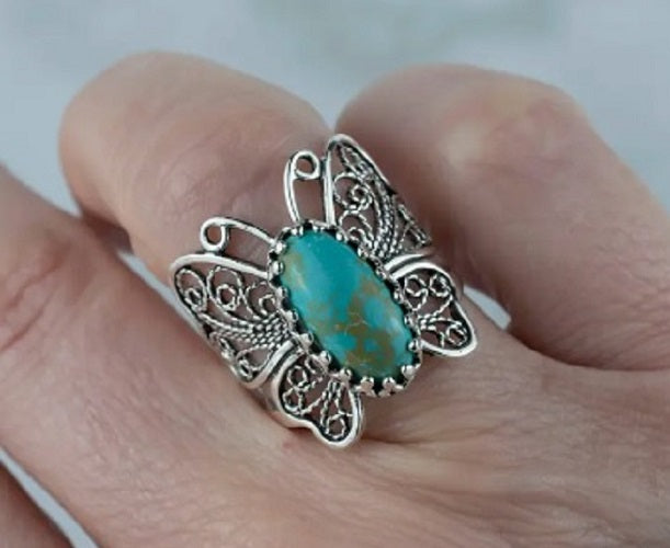 Ring, Filigree Art Turquoise Gemstone Women Butterfly Sterling Silver Ring