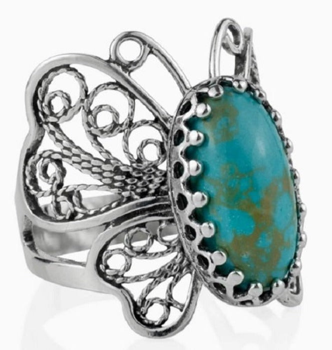 Ring, Filigree Art Turquoise Gemstone Women Butterfly Sterling Silver Ring